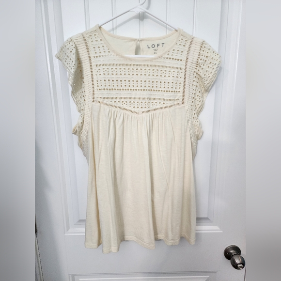 LOFT Tops - LOFT Cream Crochet Yoke Flutter Sleeve Top, Size XL